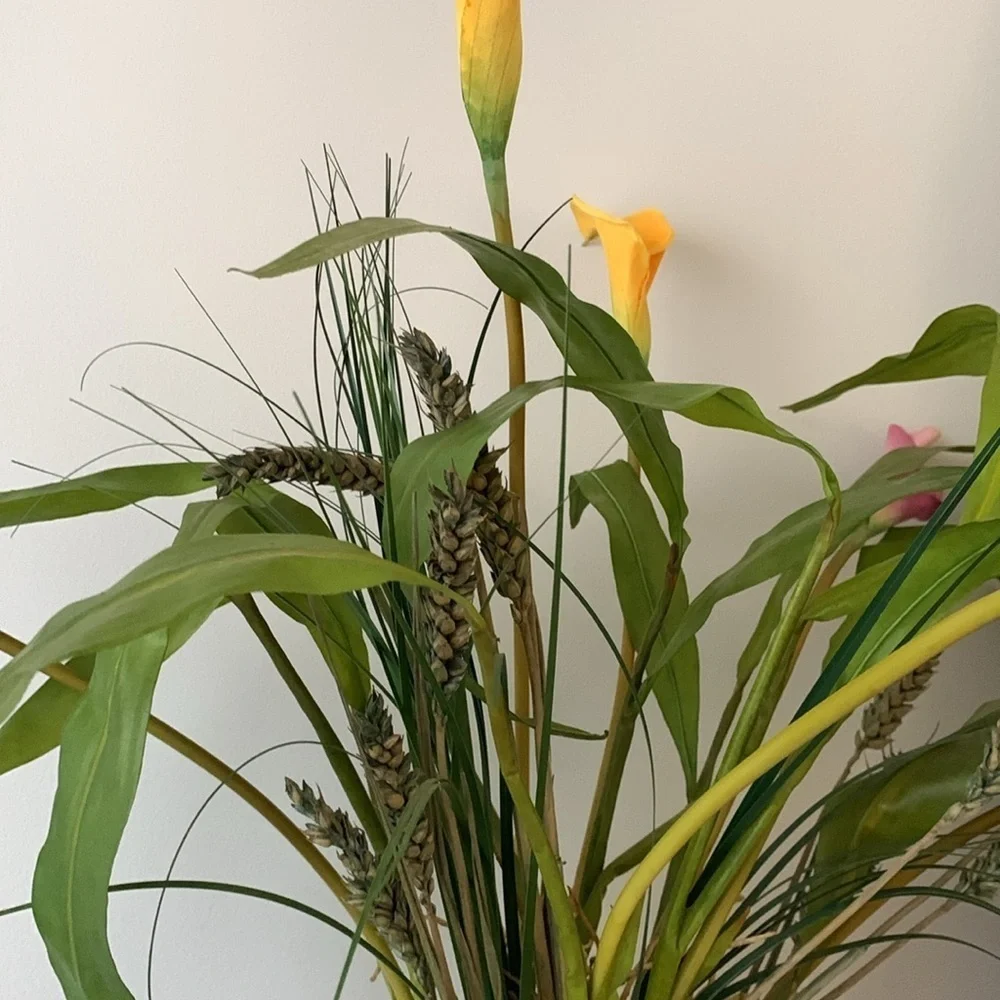 Brass pedestal vase calla Lilly arrangements dry‎ and faux greenery home decor